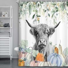 a shower curtain with an image of a cow surrounded by pumpkins and gourds