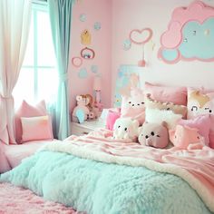 a pink and blue girls bedroom with teddy bears on the bed in front of it