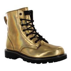 Women's Gotta Flurt Luna Boot - Gold/Black Metallic Patent Pu Girls Combat Boots, Kids Ankle Boots, Gold Boots, Army Boots, Patent Leather Boots, Womens Combat Boots, Black Combat Boots, Lace Up Combat Boots