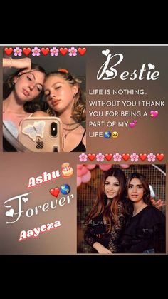 two girls are hugging and one is holding a cell phone with the caption bestie life is nothing without you thank you for being a part of me