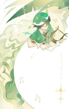 an anime character with green hair holding a bow and arrow in front of a circular background