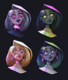 four different types of female heads with glowing eyes and hair, all in various poses