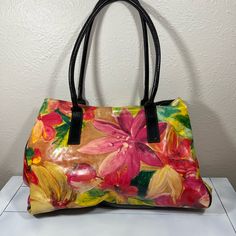 Maurizio Taiuti Beautiful Floral Leather Bag In Excellent Condition Made In Italy Green Orange, Bago, Leather Bag, Shoulder Bags, In Italy, Bag Lady, Shoulder Bag, Italy, Orange