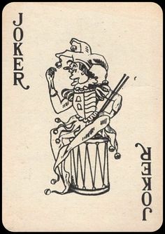 a playing card with a skeleton sitting on top of a drum and holding a knife