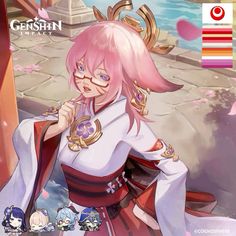 an anime character with pink hair and glasses on her face, standing in front of a wall