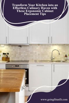 a kitchen with white cabinets and wooden counter tops, has an advertisement above it that says transform your kitchen into efficient space