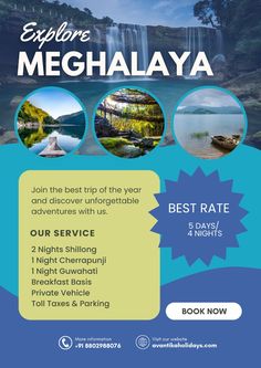 the flyer for explore meghalaya, which is located in front of a waterfall