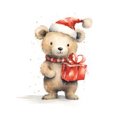 a watercolor painting of a teddy bear holding a gift box with a santa hat on