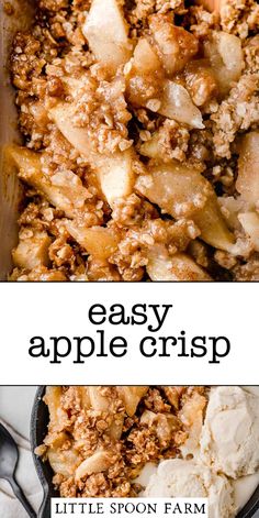 an easy apple crisp recipe in a skillet with ice cream on top and the title above it