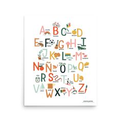 a poster with the alphabets and numbers in different colors, including orange, green, blue