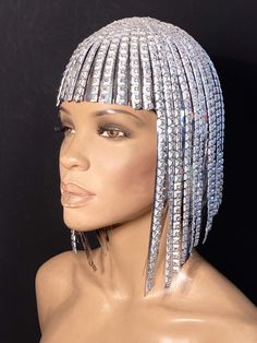 This is the original wig from Divamp Couture as seen on various celebrities. Now with new and extra diamond like bling The Egyptian cleopatra headdress can be made in silver like pictured. Slights perfectly over any head measurement (will make one for your head circumference ) This is the bop cut /a line cut, I do make other shapes in other colors you can find in my shop. Made out of 2 layers one mirror pvc, another diamond like bangs Pls send me yr head circumference and I will make one just fo Egyptian Wig, Cleopatra Headdress, Egyptian Cleopatra, Silver Wig, Silver Wigs, Wig Bob, Large Brim Hat, Burlesque Costume, Types Of Hats