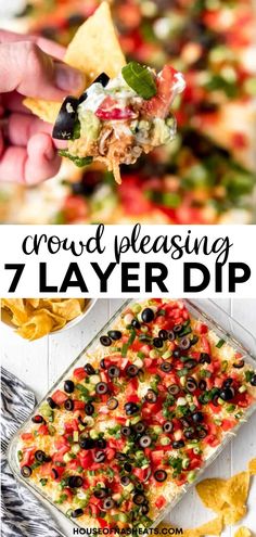 the seven layer dip recipe is loaded with cheese, black olives, and other toppings