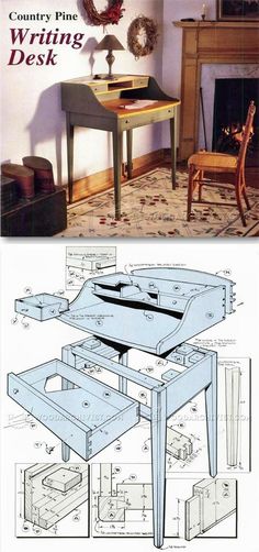 an image of a desk and chair in the same room with furniture on each side