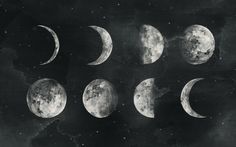 six phases of the moon in black and white