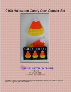 two candy corns are made out of crochet and have the words sweet treats written on them