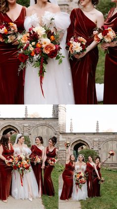 the bridesmaids are all dressed in burgundy and orange bouquets for their fall wedding