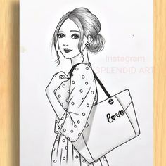 a drawing of a woman with a handbag in her right hand and the word love written on it