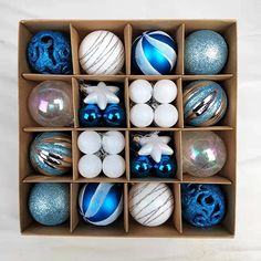 40588770050130|40588770082898 Christmas Reindeer Decorations, Christmas Balls Decorations, Christmas Blue, Ball Decorations, Christmas Ornament Sets, Christmas Ball, Ball Ornaments, Winter Theme, Paper Box