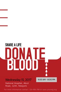 a red and white poster with the words share a life, donate blood on it