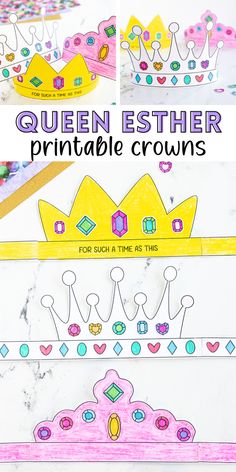 some paper crowns are sitting on top of each other with the words queen esther printable crowns