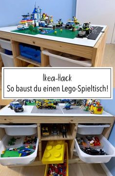 legos are stored in separate bins on the floor and under the table, with text overlay that reads ikea - lack so baust du ennen lego - spieln leg - spieltsch