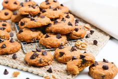 cookies with chocolate chips and pecans on a cooling rack next to a white napkin