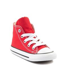 Complete their look with the iconic style of the Converse Chuck Taylor All Star Hi Sneaker! You're never too old, or young, for the original Chuck Taylor All Stars from Converse, this toddler sized All Star Hi features breathable canvas uppers wi Red High-top Canvas Shoes For Spring, Red High-top Sneakers With Round Toe For Spring, Red High-top Sneakers For Spring, Spring Cotton Sneakers For School, High-top Cotton Sneakers For School, Red Cotton Converse Sneakers, Red Cotton Sneakers For Spring, Red High-top Sneakers With Rubber Toe Cap, Red Canvas Shoes For Spring Streetwear