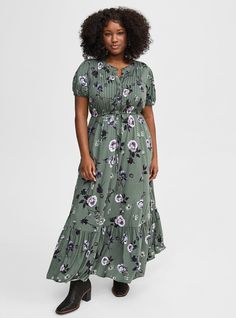 Maxi Stretch Challis Pintuck Tiered DressMaxi Stretch Challis Pintuck Tiered Dress, FLORAL - GREEN Skater Maxi Dress, New Street Style, Active Outfits, Dress Images, Women Maxi, Plus Size Womens Clothing, Flowy Dress, Dress Floral, Tiered Dress