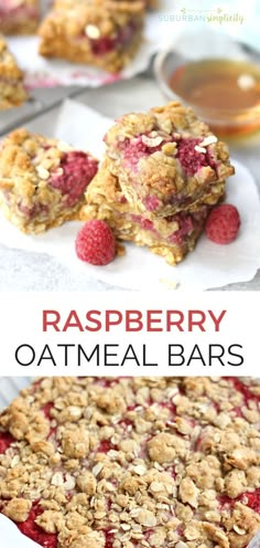 raspberry oatmeal bars are stacked on top of each other and ready to be eaten