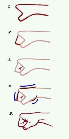 four different hand gestures drawn in red, blue and black ink on white paper with the words