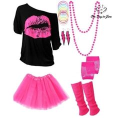 a woman's outfit with pink and black accessories on it, including boots, necklaces, bracelets and beads