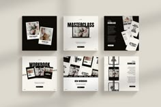 six square brochures with black and white photos on them, all in different sizes