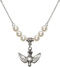 18" Rhodium Plated Necklace With 6mm Faux-Pearl Beads Featuring A Sterling Silver Holy Spirit Medal. Nickel-free Gold Plated Spiritual Necklaces, Spiritual Sterling Silver Necklace With Miraculous Medal, Spiritual Sterling Silver Nickel-free Charm Necklace, .925 Sterling Silver Catholic Jewelry, Plate Necklace, Birthstone Necklace, Holy Spirit, Pearl Beads, Rhodium Plated