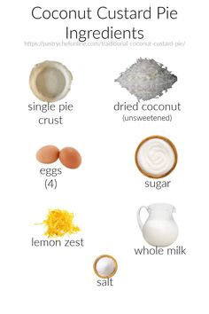 the ingredients for coconut custard pies are shown in this diagram, including eggs, sugar, lemon zest, and salt