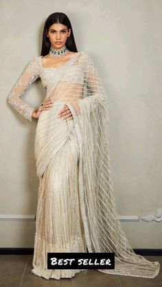 White Net Saree, Net Saree Blouse, Off White Saree, Dori Work, Wedding Sarees Online, Net Blouse, Sequence Embroidery, Fancy Sarees Party Wear, Indian Fashion Saree