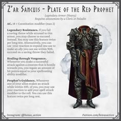 an image of a man in armor with the text below him that says zar sanus - plate of the red prophet