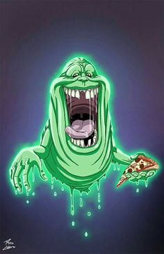 an animated creature with its mouth open and it's teeth wide open, holding a slice of pizza