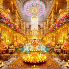 an elaborately decorated room with candles and flowers