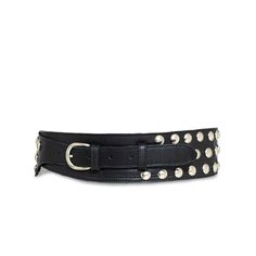 Wide black belt with silver studs for women handmade in our atelier. We decorated it with about a hundred round studs. The strap is made with high-quality black leather and the buckle and studs are metallic in a silver tone. This elegant, powerful, and feminine belt fits with a lot of different outfits and always enhances your look. Take note that you can wear it with the buckle at the front or the back. This is a handmade belt. For optimum conservation, requires some attention. Color and appear Wide Black Belt, Black Leather Belt With Edgy Style, Designer Black Belt With Palladium Hardware, Adjustable Black Belts With Rivets, Black Leather Belt With Rivets, Black Leather Belts With Rivets, Adjustable Black Belt With Studs, Adjustable Black Belts With Studs, Designer Adjustable Black Belt