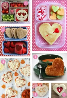 several pictures with different foods in them including heart shaped sandwiches, strawberries and fruit