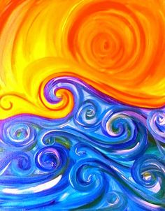 an abstract painting with blue, yellow and orange waves in the ocean on a sunny day