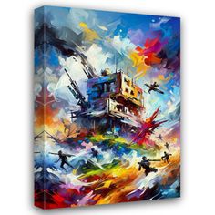 an abstract painting on canvas with people in the water and colorful clouds above it,