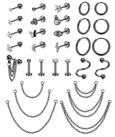 PRICES MAY VARY. 🎈[Cartilage Earring Set]: An order contains 25pcs cartilage aearrings and 6pairs chain . Including 3pairs of hoop earrings, moon star earrings, butterfly cartilage earrings cz earrings, twisted spiral barbell, etc. Variety of different style combinations. You can wear it alone or use it with a chain to create your own unique look. 🪐[Size and Design]: Helix earring bar length:6mm, bar guage:1.2mm(16g), and the size of the stud element is shown in the figure, hoop earrings bar g Tragus Piercing Jewelry, Cartilage Earrings Stud, Cartilage Stud, Moon And Star Earrings, Helix Earrings, Tragus Piercings, Cz Earrings, Helix, Huggie Hoop Earrings