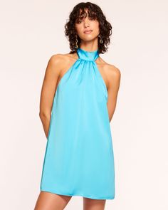 ISOLA BLUE|1 Mini Satin Dress, High Neck Maxi Dress, Bow Shop, Halter Mini Dress, Stretch Satin, Halter Neckline, Satin Dress, Tie Neck, British Indian