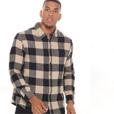 New Fashion Nova - Let's Go Long Sleeve Black And Khaki Flannel Plaid Button Up Sz L Lumber Jack Winter, Fall, Autumn I1 13 Casual Yellow Button-up Flannel Shirt, Fashion Nova Shirts, Cheap Button-up Flannel Shirt With Snap Buttons, Black And Khaki, Brown Button-up Flannel Shirt With Pockets, Classic Gingham Button-up Flannel Shirt, Cheap Plaid Button-up Flannel Shirt, Lumberjack, Plaid Flannel