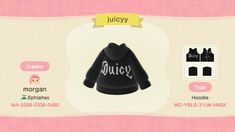 an animal crossing character is wearing a black jacket with the word juicy written on it