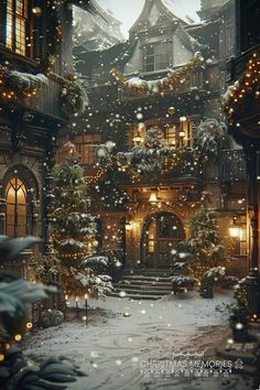 a christmas scene with snow falling on the ground