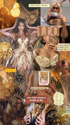 the collage shows different images of women in gold and silver outfits, with text that reads leo