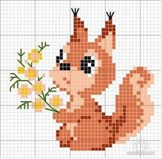 a cross stitch pattern with a squirrel holding flowers in it's paws and looking at the camera