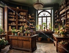 a room filled with lots of potted plants next to a window and a table